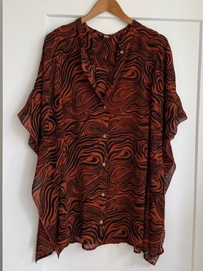 Free People Burnt Orange and Black Swirl-Pattern Button-Down Shirt